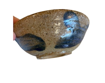GT Studio Pottery Small Stoneware Bowl Tan Cobalt Blue Abstract Signed 5.5"