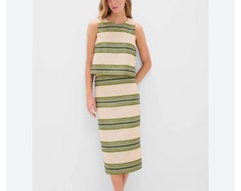 Tuckernuck Satin Stripe Ellington Skirt and Kerri Top Set Green Champagne Sz 0