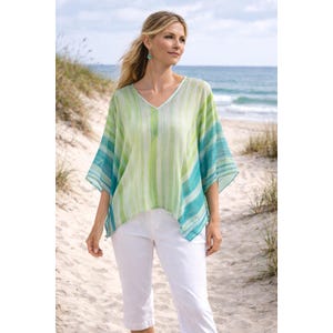 John Mark Womens XL Green Striped Sheer Poncho Blouse Button Shoulder Top
