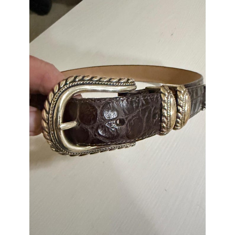 Brighton Womens Dark Brown Croc Embossed Leather Western Belt Silver Buckle S image 1
