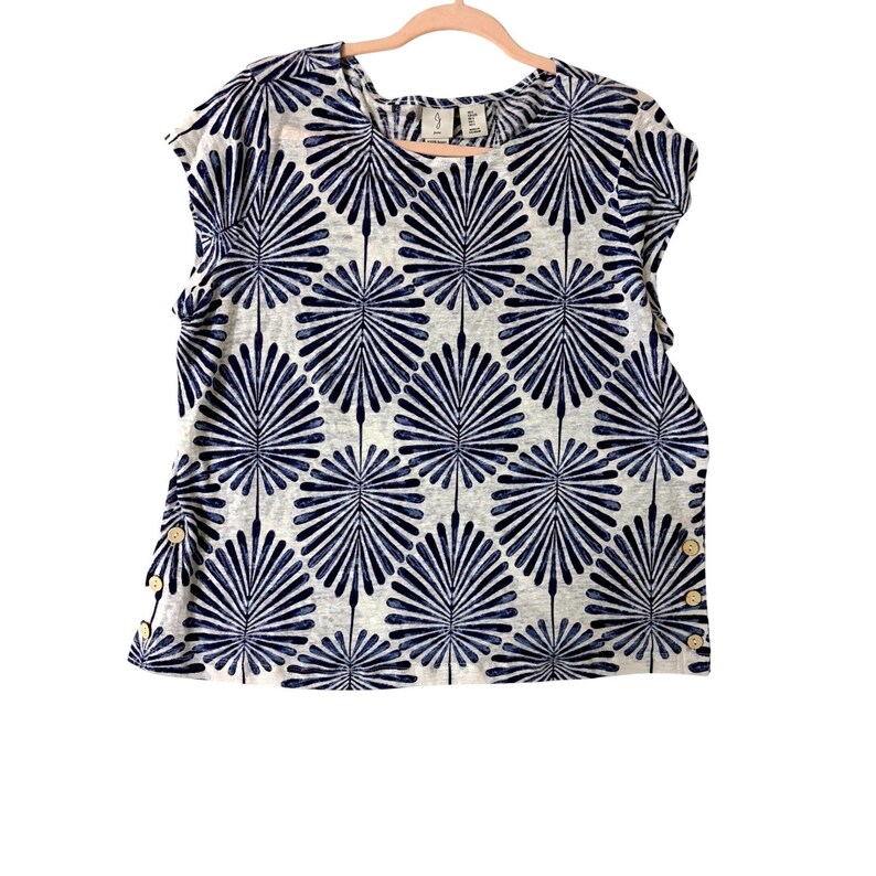Joie Womens Large Navy Blue White Palm Leaf Print 100% Linen Side Button Top image 5