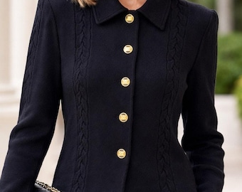 Vintage St. John Jacket Marie Gray Black Santana Knit 2 gold button cable knit