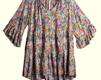 Show Me Your Mumu Vestido Babydoll Floral Escalonado Mini Rosa Naranja Pequeño