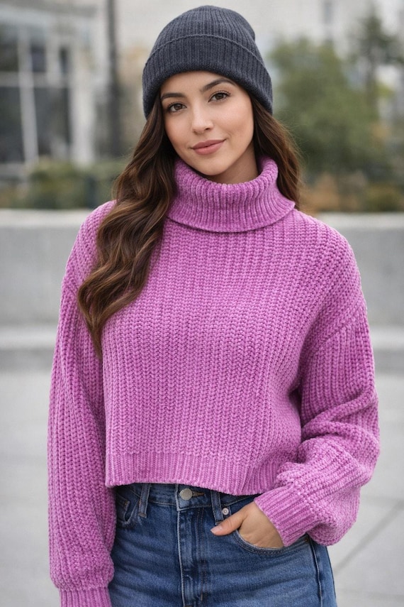 Zenana Pink Chenille Turtleneck Sweater Women's M Cropped Cozy