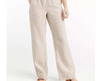 LL Bean Womens Beige Linen Drawstring Elastic Waist Straight Leg Pants Sz M