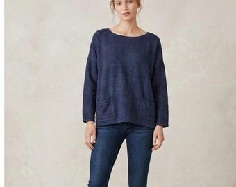 Eileen Fisher Navy Blue Organic Linen Cotton Boxy Sweater Long Sleeve Pockets L