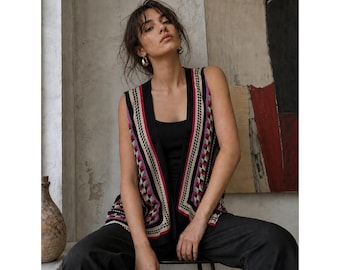 Bob Mackie Womens XL Art to wear Geometric Scarf Print Open Front vest Bold Chic
