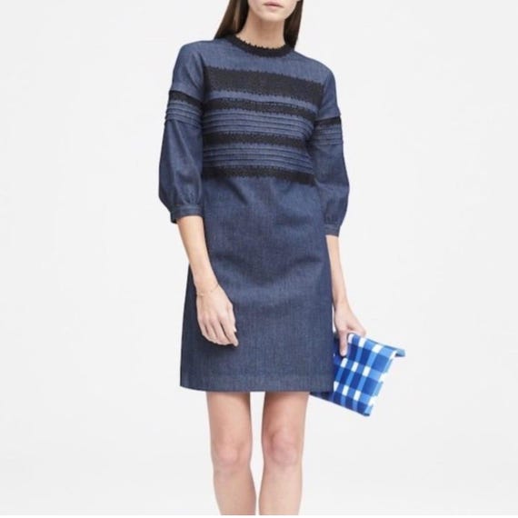 banana republic blue lace dress Premium Denim Trim Shift Indigo Modest Workwear Black V-Neck Tulle Short Size:22 5XL 34-35 Sleeve Womens dresses personalized-picks