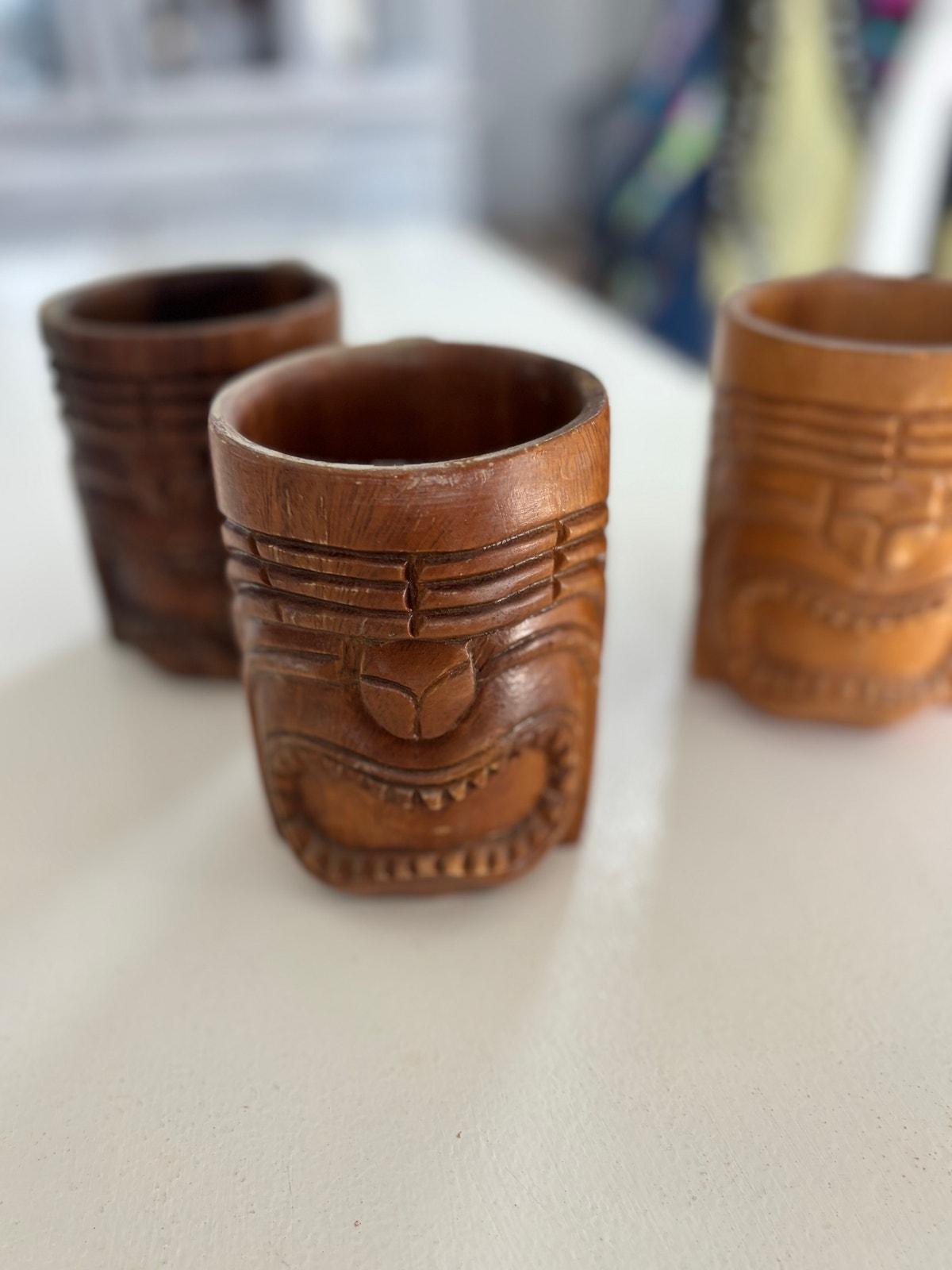 ヴィンテージの手彫り木製ティキカップ - フィリピンの手工芸品、3個