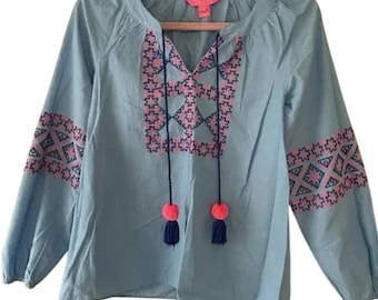 Túnica de manga larga bordada azul Cecile Zanzibar de Lilly Pulitzer, manga dolman, ropa de resort bohemia grande