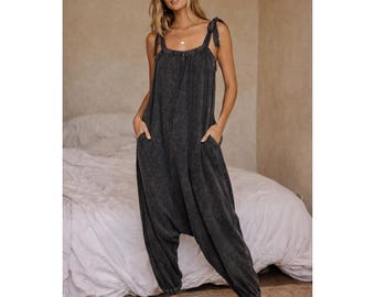 Intimately Free People Acid Wash Harem Jumpsuit Tie Oversized Pockets Boho Baggy