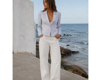 Cremieux Womens Blue White Pinstripe Single Button Blazer Jacket 8 Office summer