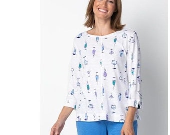 Habitat Womens White Slub Cotton Cocktail Glass Print 3/4 Sleeve Top XL summer
