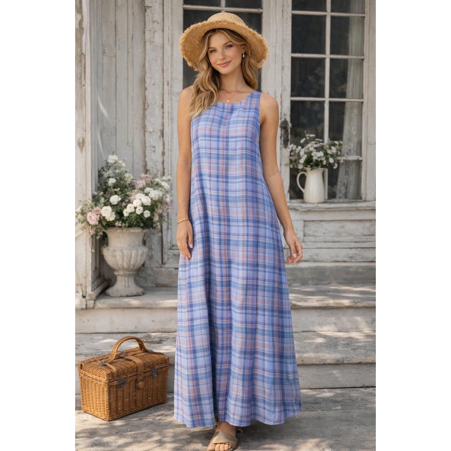 chinese dress ladies Erma Drop Waist Linen Dress-Blue, Pink and Green Madras main image 0