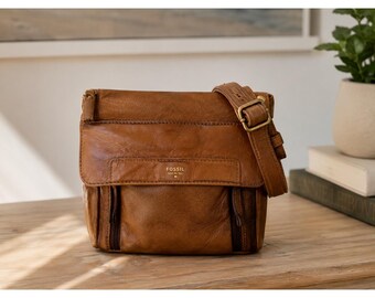 Fossil Issue No 1954 Cognac Brown Leather Crossbody Messenger Bag Multi Pocket