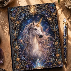 May include: A rectangular hardback journal featuring a detailed illustration of a white unicorn with a golden horn, surrounded by a dark blue floral and celestial frame with a crescent moon. A matching blue and gold pen with a crystal topper is included.