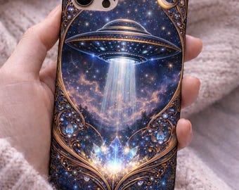 Funda para teléfono con diseño de ovni alienígena compatible con MagSafe, funda para iPhone con estética espacial galáctica, diseño de abducción de cristal cósmico, funda protectora de ciencia ficción.
