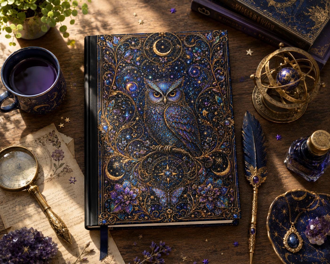 Celestial Owl Journal, Midnight Blue Owl Notebook, Mystical Moon & Stars Diary, Fantasy Art Jour