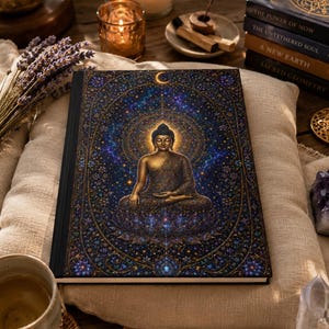 May include: A journal with a detailed illustration of a seated Buddha in gold against a starry blue background. The cover features intricate mandala-like patterns and a crescent moon. The journal is resting on a beige pillow, with candles and books in the background.