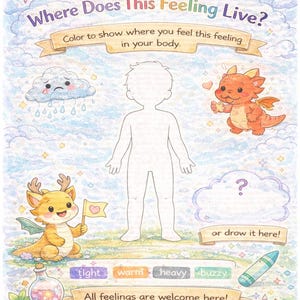 May include: A colorful illustration with the text "Where Does This Feeling Live?" and "Color to show where you feel this feeling in your body." Features a body outline, dragons, clouds, and a rainbow. Includes the words "tight", "warm", "heavy", and "buzzy".