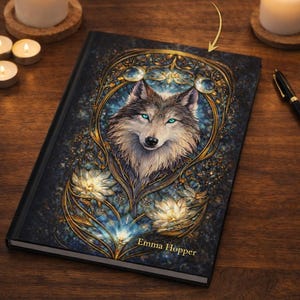 Könnte beinhalten: Hardcover-Journal mit einer detaillierten Illustration eines Wolfes mit blauen Augen, eingebettet in einen verzierten goldenen und blauen floralen Rahmen. Der Name "Emma Hopper" ist unten aufgedruckt. Kerzen und ein Stift im Hintergrund.