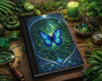 Diario de mariposas de la jungla, cuaderno de bosque místico, diario de mariposas azules, regalo para amantes de la naturaleza, diario de escritura estético, cuaderno de arte fantástico