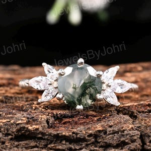 Moss Agate Engagement Ring: Sterling Silver Leaf Design, Nature Inspired