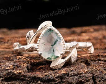 Handcrafted Moss Agate Leaf Ring: Sterling Silver Nature Jewelry