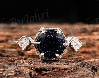 Blue Sandstone Ring: Sterling Silver Galaxy Jewelry with CZ Accents