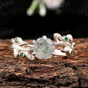 Moss Agate Leaf Vine Ring With Green Accents, Nature Inspired Silver Promise Ring, Handmade Botanical Engagement Ring For Her, Unique Gift