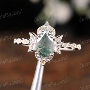 Moss Agate Engagement Ring: Pear Cut, Diamond Accents, Leaf Design