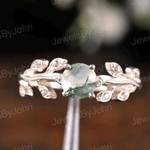 Moss Agate Engagement Ring with Handmade Round Cut Solitaire Silver Ring, Nature Inspired Unique Inspired Leaf Wedding Promise Ring Gift