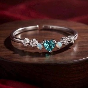 Anello delicato a forma di cuore con zaffiro e opale color verde acqua, fede nuziale in argento con grappolo, anello di promessa regolabile
