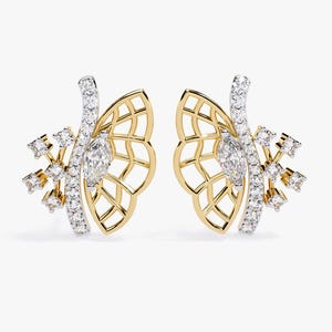 May include: A pair of gold and diamond earrings. Each earring features a butterfly wing design with a central marquise-cut diamond and smaller diamonds. The wings have a lattice pattern, and the earrings have a post backing.