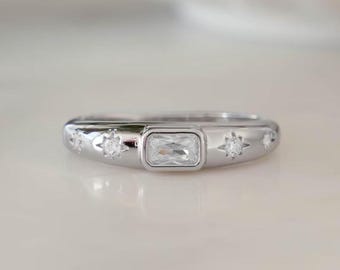 Baguette Moissanite Dome Ring | Sterling Silver Starburst Band | Minimalist Wedding Band