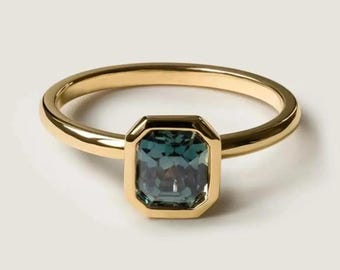 Asscher Cut Blue Moissanite Ring, 10K Gold or Sterling Silver, Minimalist Solitaire Engagement Ring