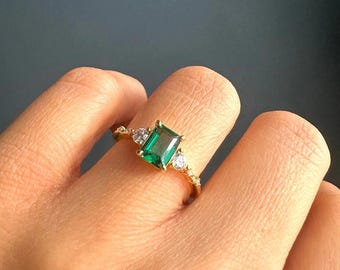 Emerald Cut Green Moissanite Ring, Sterling Silver Engagement, Vintage Accent Ring