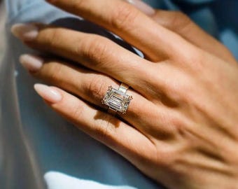 8ct Emerald Cut Moissanite Ring, Hidden Halo Diamond Band, 10K 14K Gold Silver