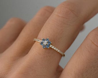Blue Moissanite Flower Ring, 925 Sterling Silver, Dainty Diamond Band, Engagement Promise Ring
