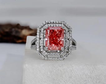 Radiant Cut 3.00 CT Fancy Vivid Pink Lab Grown Diamond Halo Engagement Ring