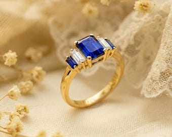 Emerald Cut Blue Moissanite Ring, Five Stone White Moissanite, Sterling Silver Gold Band