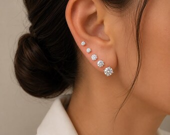 Pendientes de botón redondos de diamantes en oro vermeil de 14 quilates / Solitario de plata de ley (3 mm-9 mm)