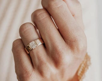 Emerald Cut Moissanite Band Ring, Wide Gold or Silver Engagement Wedding Band