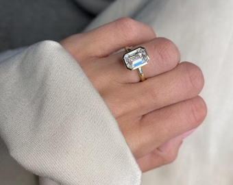 3 Carat Emerald Cut Moissanite Ring, Bezel Solitaire, Sterling Silver Gold Promise Ring