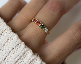 Personalized Birthstone Ring | 925 Sterling Silver Multicolor Gemstone Band (Gold Finish)
