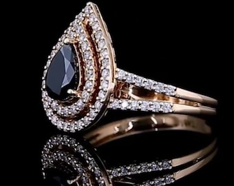 Black Moissanite Teardrop Ring | Sterling Silver Halo Engagement Ring