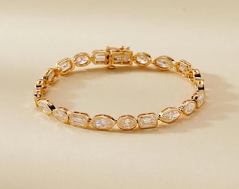 Multi-Shape Moissanite Tennis Bracelet, Oval Emerald Marquise Cut, Sterling Silver or Gold