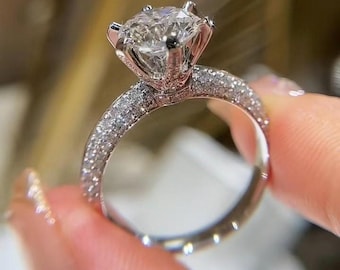 2CT Round Moissanite Engagement Ring, Sterling Silver Pavé Band Halo Style