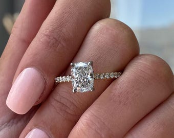 Cushion Cut Moissanite Engagement Ring | Sterling Silver Pavé Band