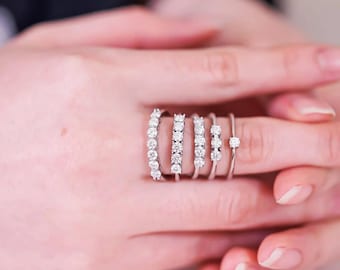 Round Moissanite Stackable Ring, 925 Sterling Silver Dainty Wedding Band